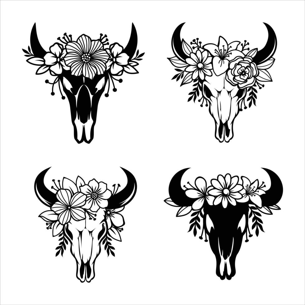 Skull of a cow with horns decorated with flowers vector
