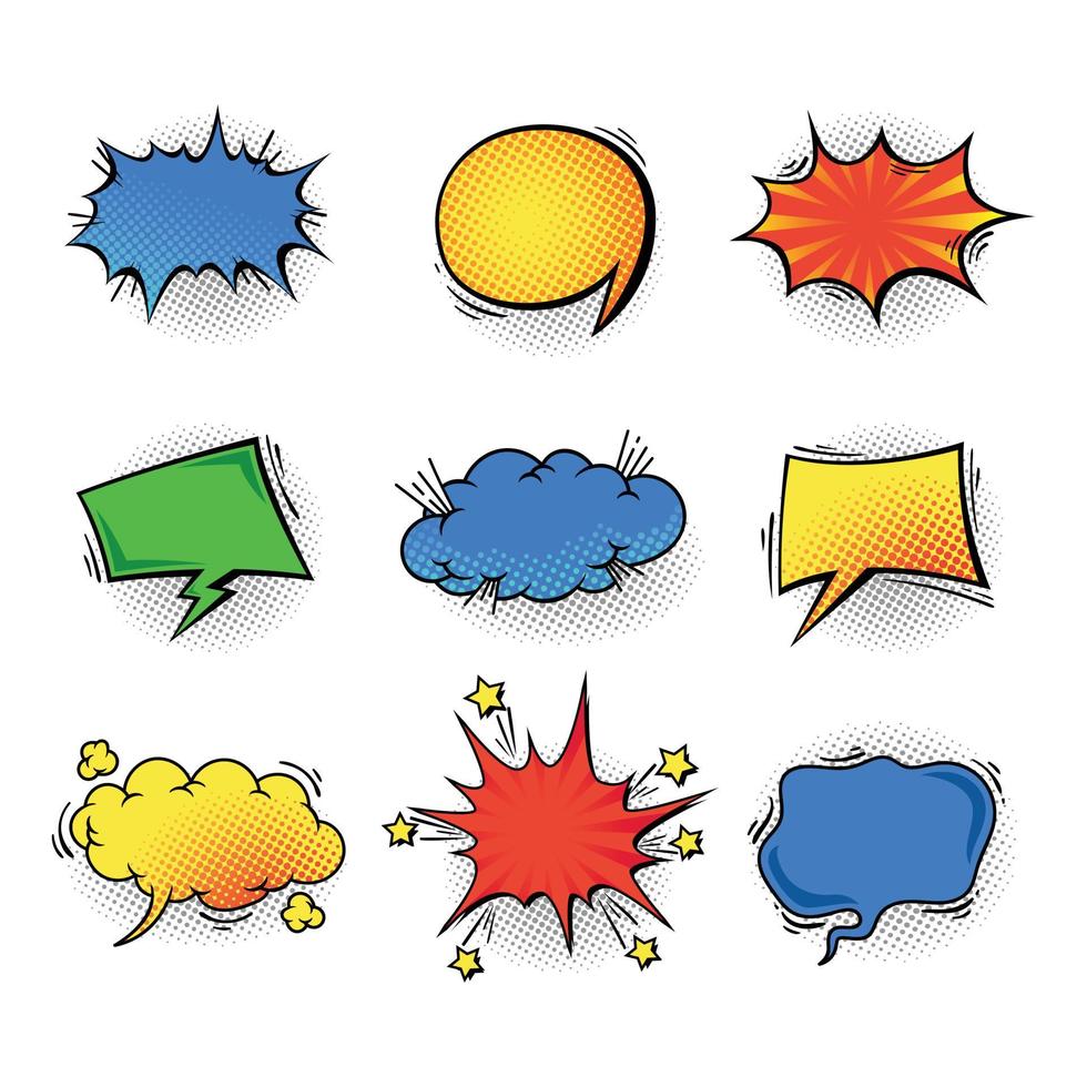 A set of comic bubbles and elements with halftone shadows vector