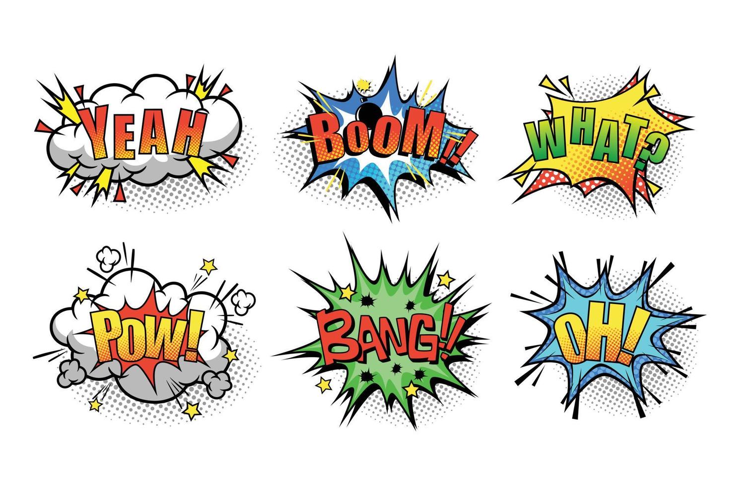 Cartoon speech bubble with phrase Boom, yeah, what, pow, bang, oh vector