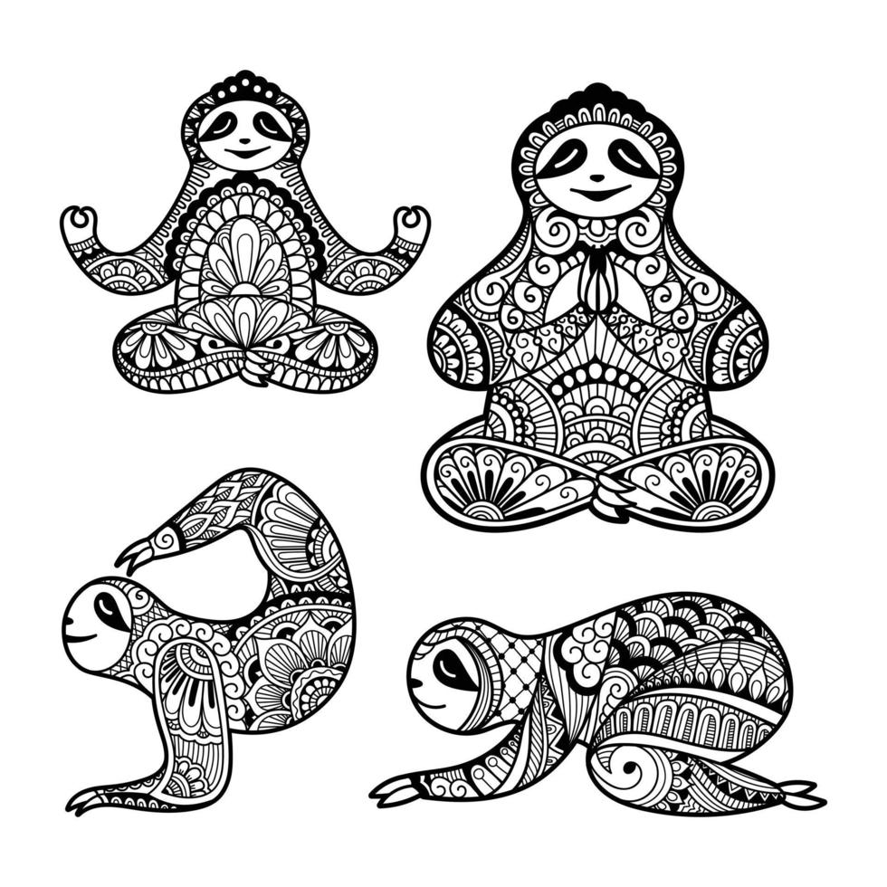 Set of sloths mandala zentangle stylized in different poses doing yoga vector