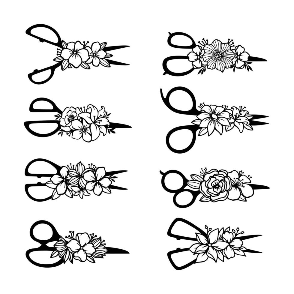 Set of scissors with flower decorations vector