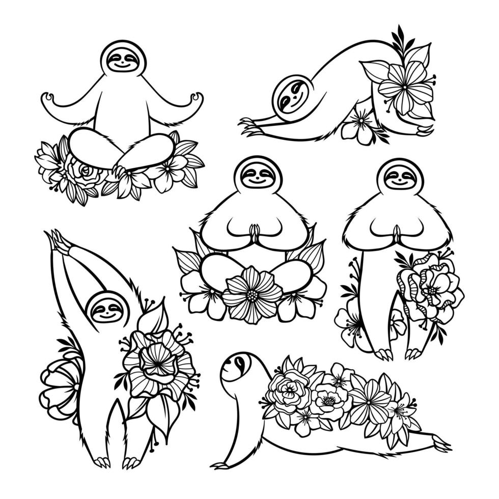 Set of sloths mandala zentangle stylized in different poses doing yoga vector