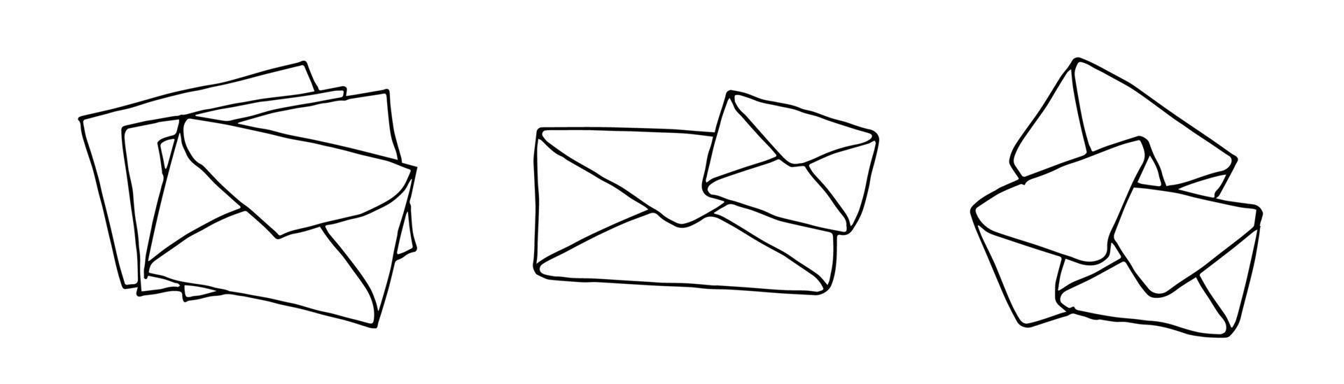 Mail icons collection, stack closed envelopes, email symbol. Sketch letter set. Hand drawn doodle cartoon style. Vector drawing illustration. Letter icon. Closed outline