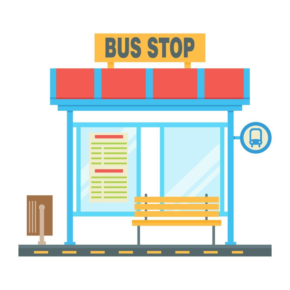 Empty bus stop with the scheme of traffic and the stop sign. Flat vector illustration