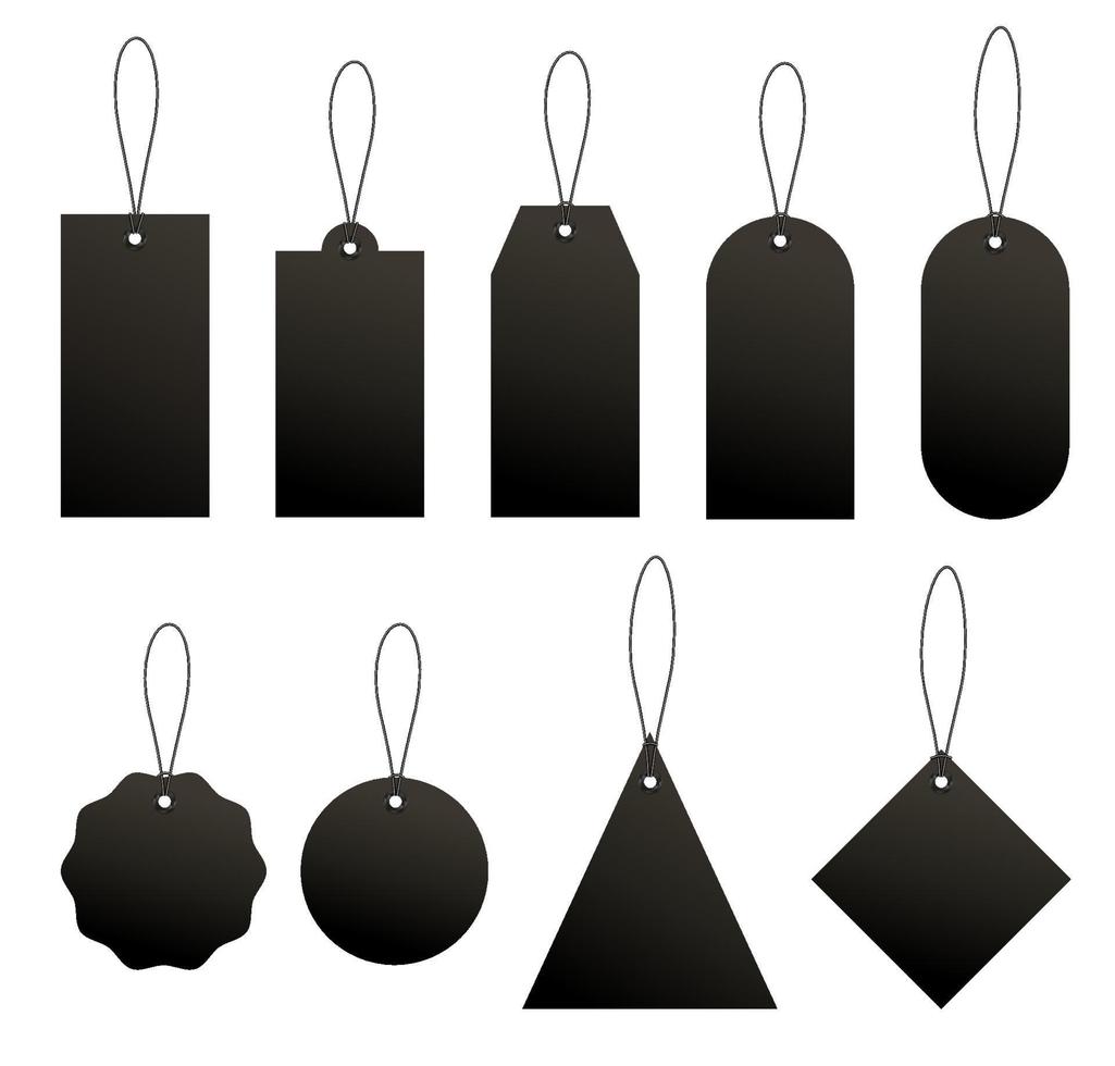 Set of black price or luggage tags of various shapes with rope. Vector illustration