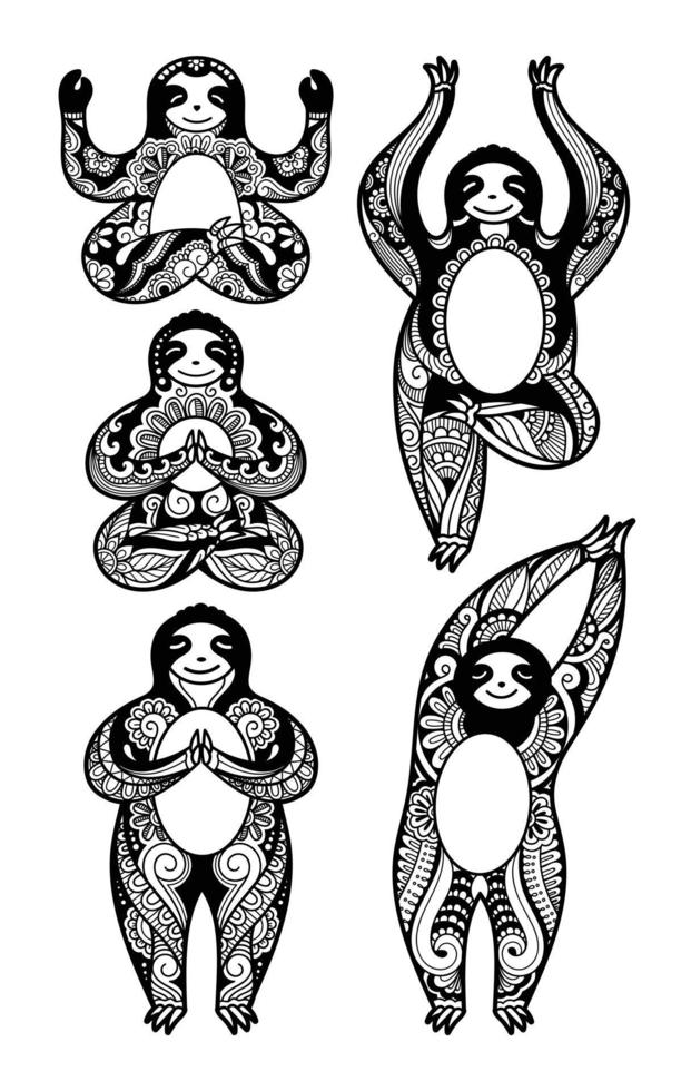 Conjunto de perezosos mandala zentangle estilizados en diferentes poses haciendo yoga vector