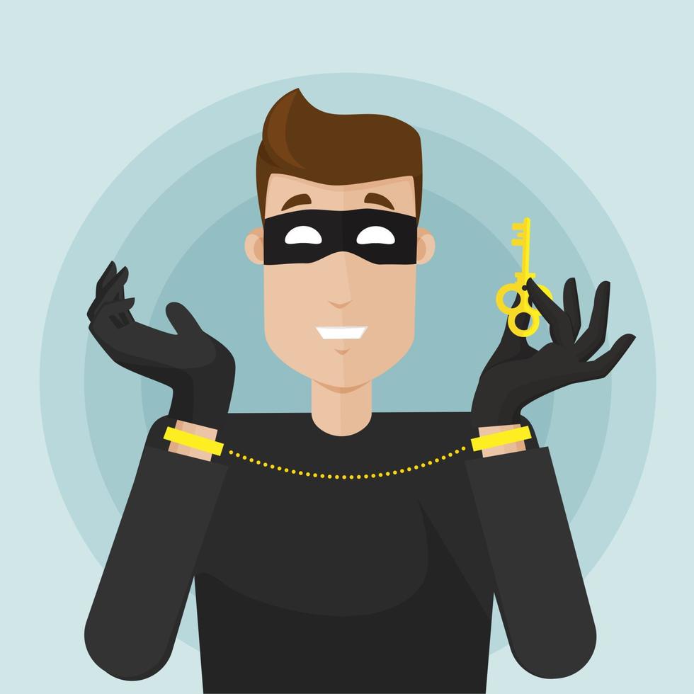 The masked thief is arrested. Escape attempt, security hole.Modern vector illustration in flat style.