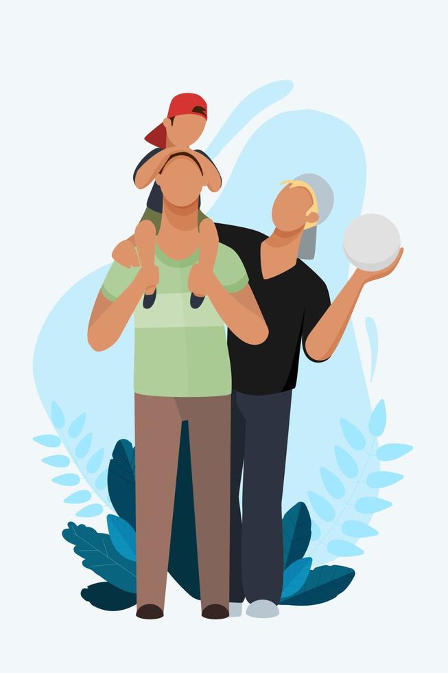 A father is holding his young son on his shoulders, with a second father standing beside him. Two fathers in the family. vector