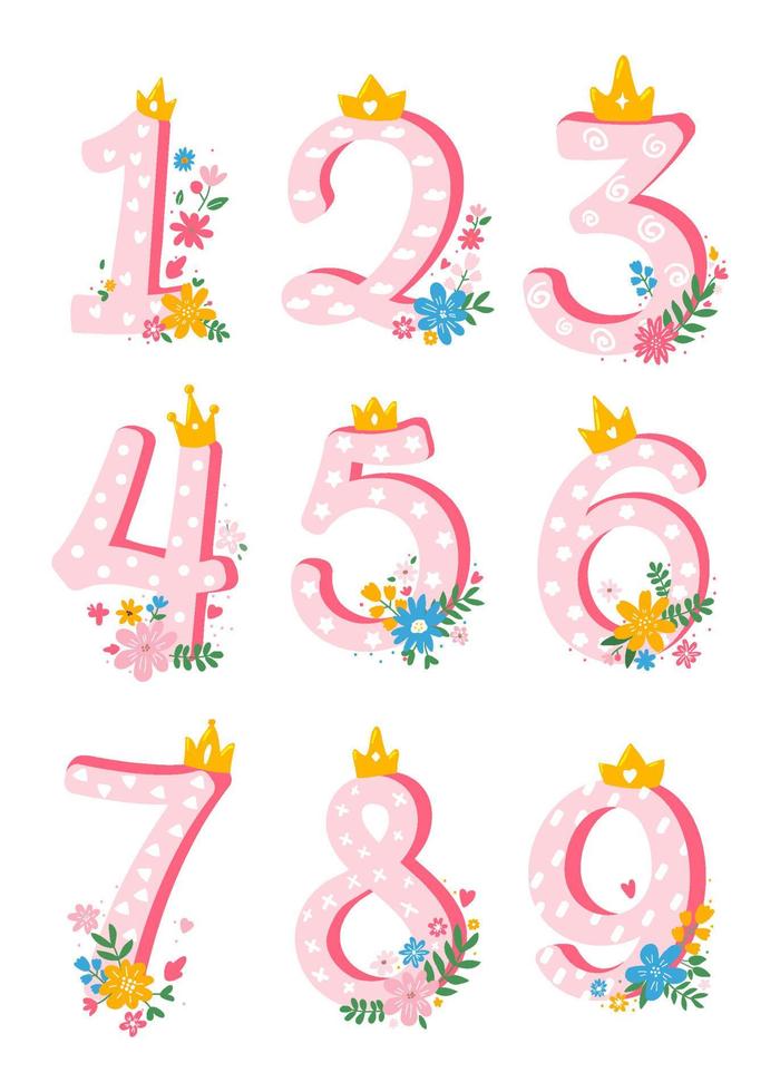 Set of cute,cartoon, girly numbers from 1 to 10 with flowers for invitation,card template.Vector flat illustration. vector