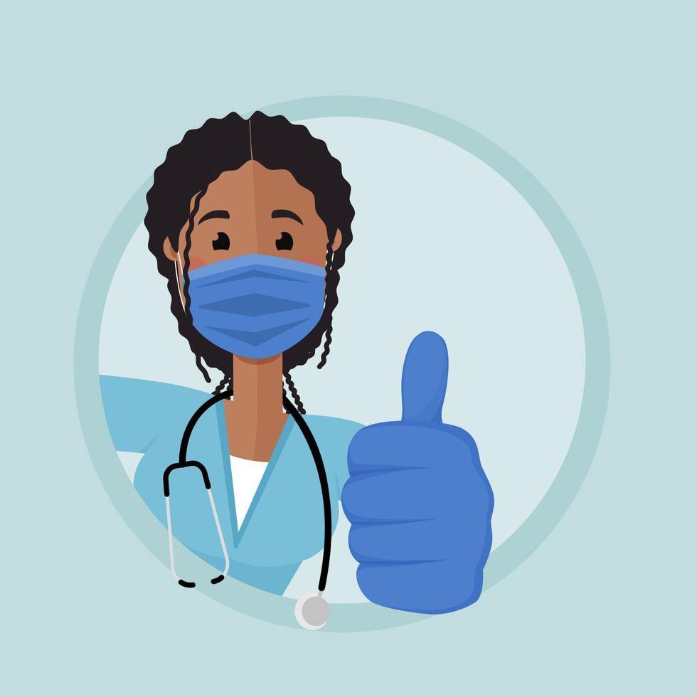 The african american nurse peeks around the corner and show hand with thumb up vector