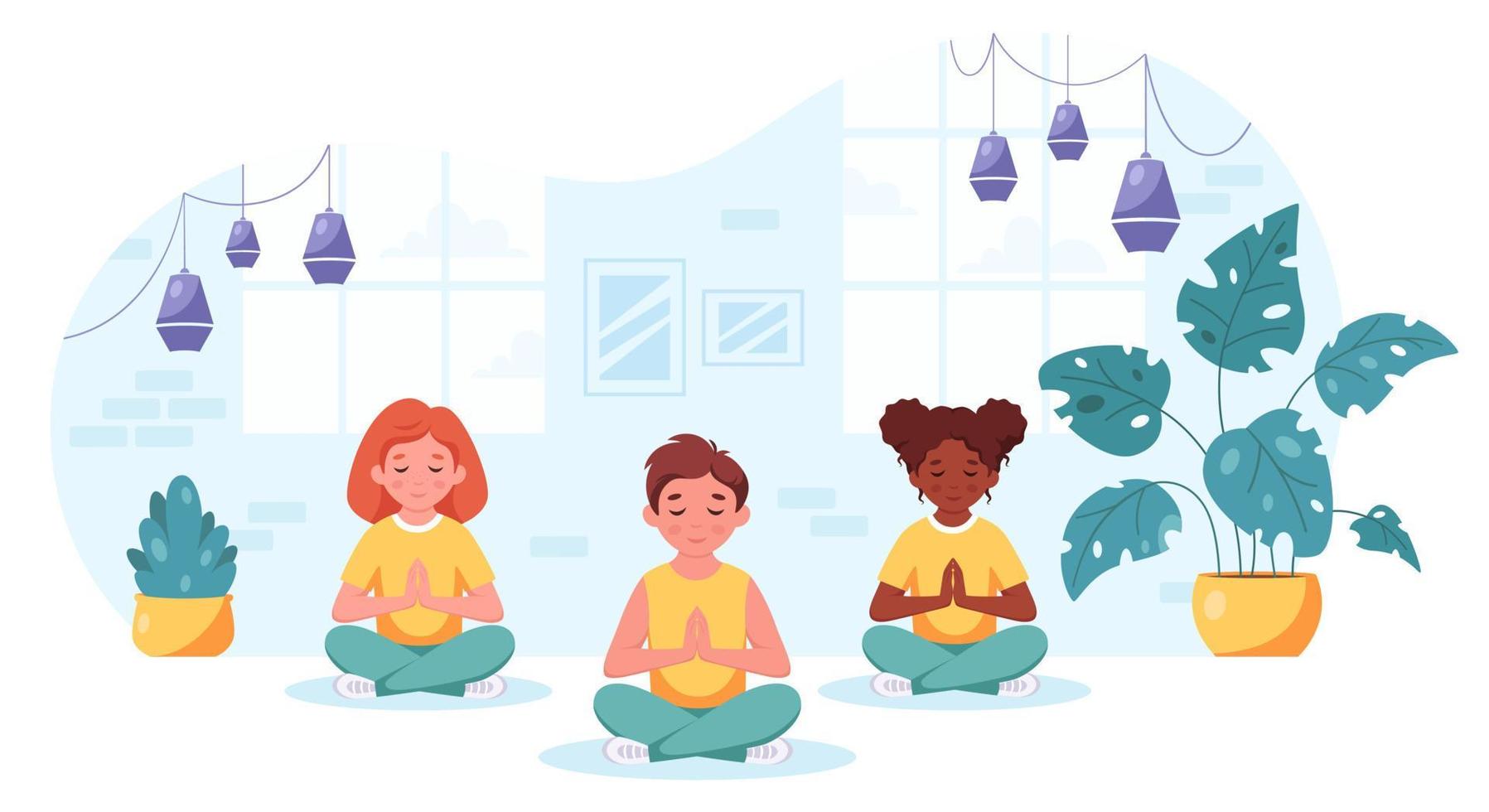 niños de diferentes nacionalidades meditando en posición de loto. gimnasia, yoga y meditación para niños. vector