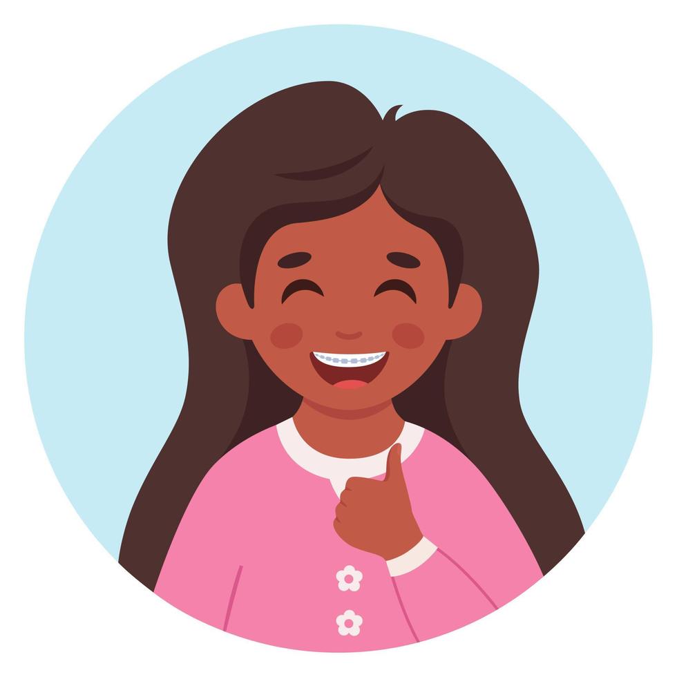 Girl with braces on teeth. Elementary school student. vector