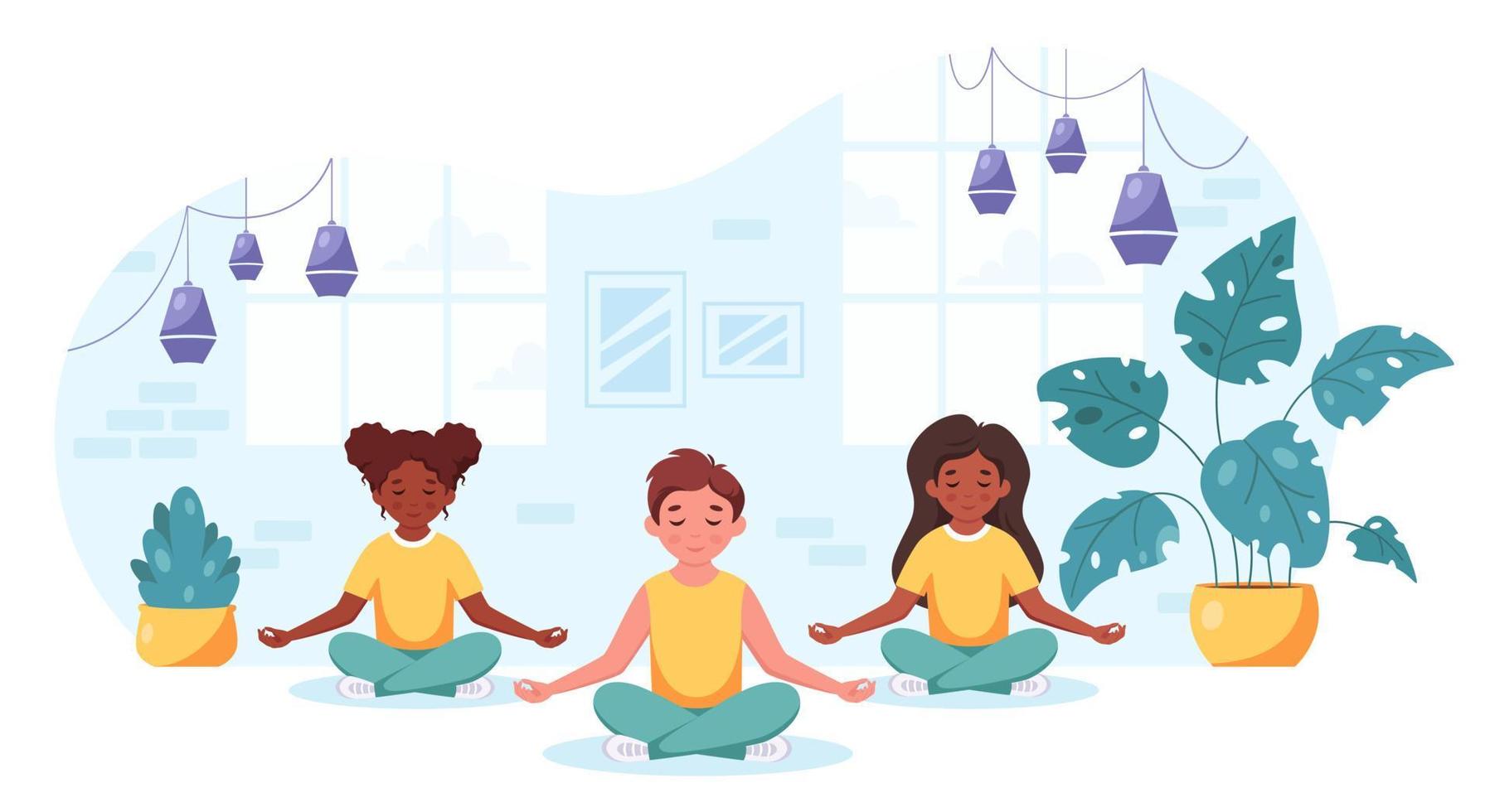 Children of different nationalities meditating in lotus pose. Gymnastic, yoga and meditation for children. vector