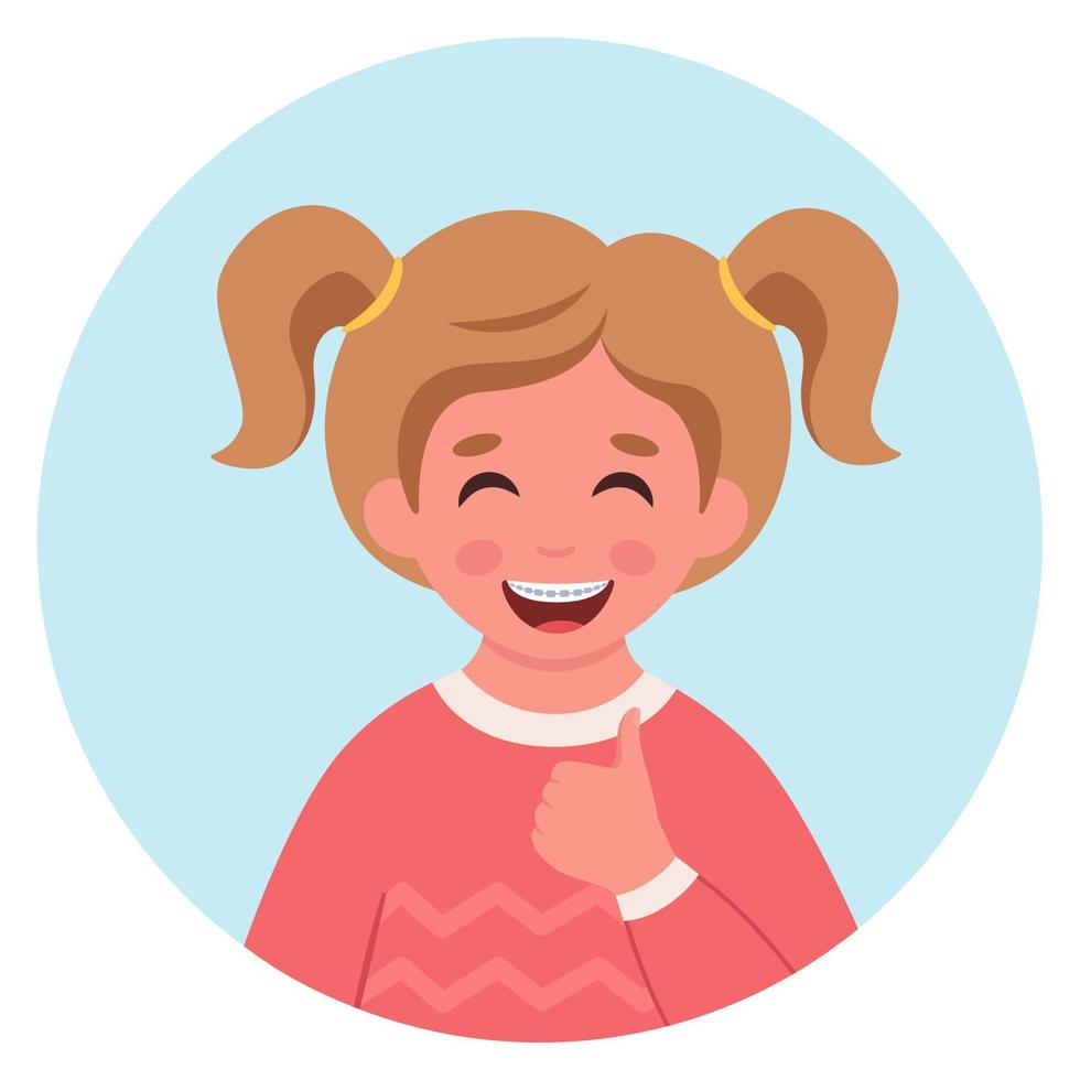 Girl with braces on teeth. Dental care. vector