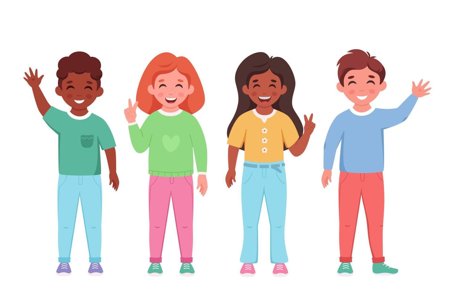 Children of different nationalities smiling and waving hands. Elementary school students. vector