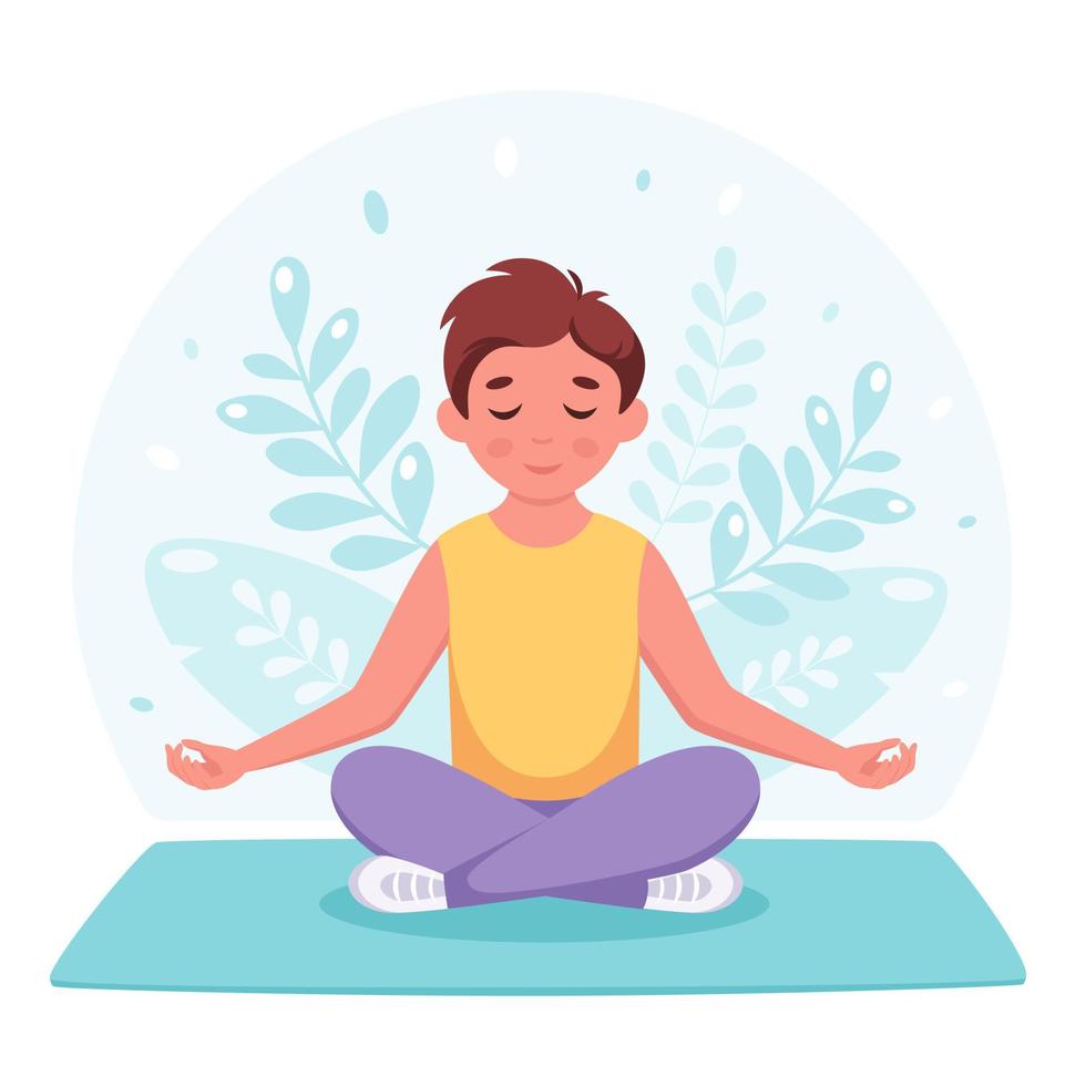 Little boy meditating in lotus pose. Gymnastic, meditation for children. vector