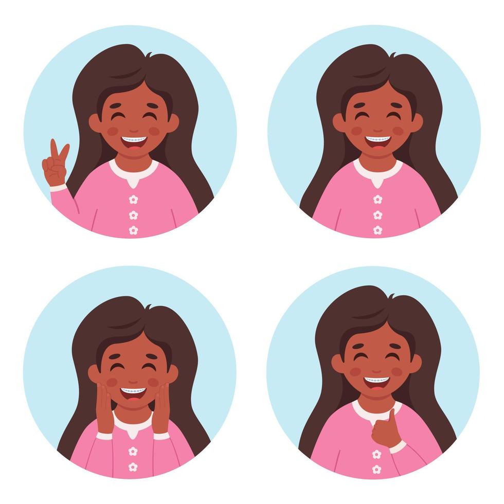 Girl with braces on teeth. Elementary school student. vector