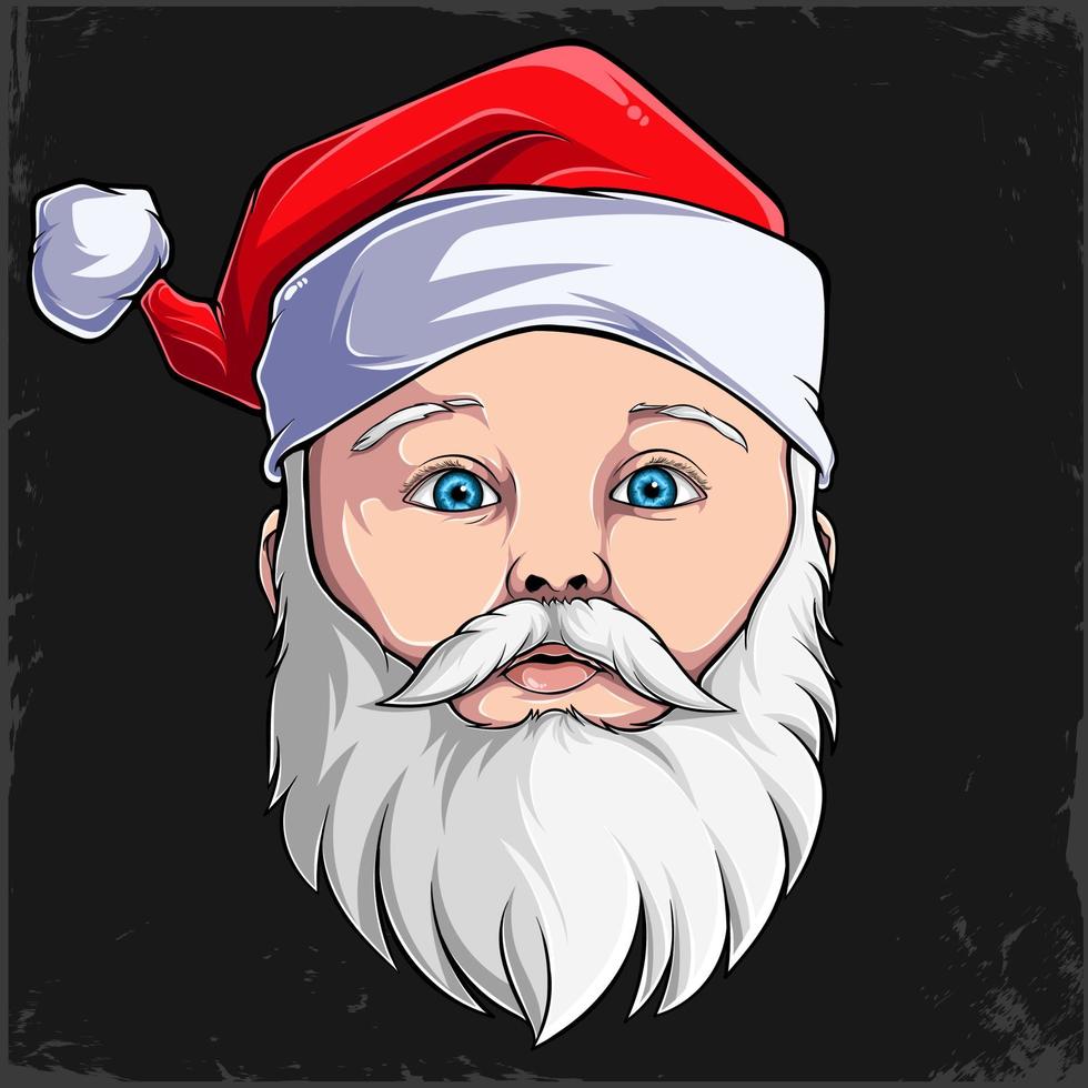 Hand drawn Christmas cute baby Santa Claus face with hat and beard isolated on black background vector