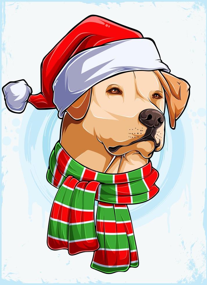 Divertida cabeza de perro labrador navideño con gorro y bufanda de santa claus, perro labrador navideño vector