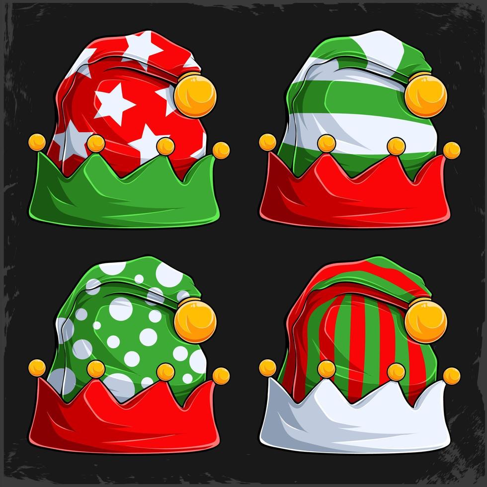 Christmas winter woolen elves hats collection xmas green and red caps xmas holidays caps vector