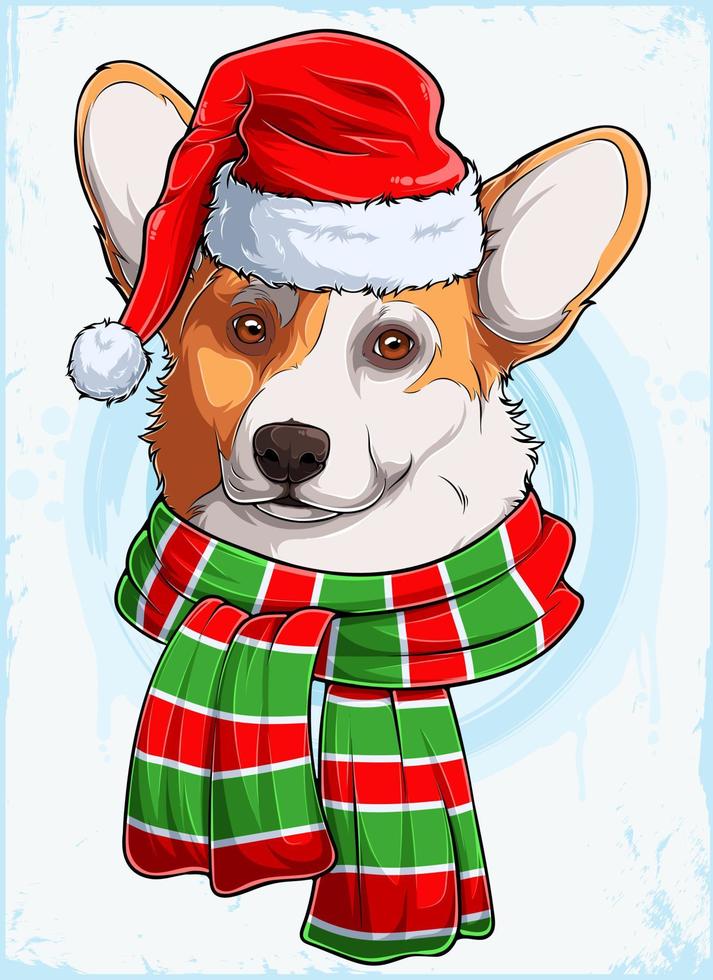 Funny Christmas Welsh Corgi Pembroke dog head with Santa Claus hat and scarf Xmas Corgi dog vector