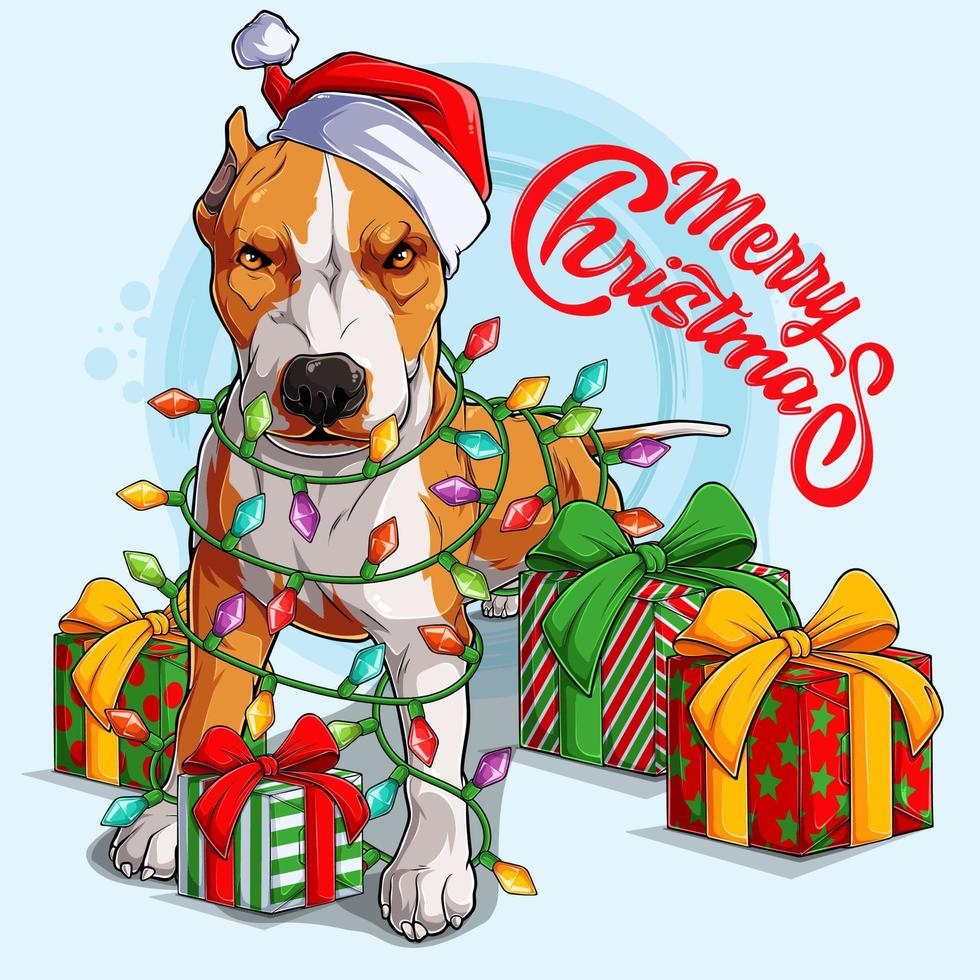 Pit bull dog in Santa hat standing and surrounded by Christmas tree lights and gifts on his sides vector