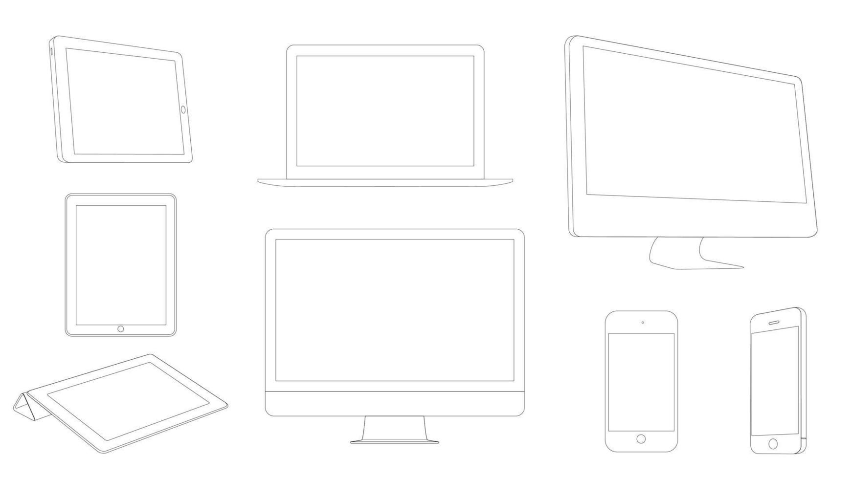 dispositivos digitales, esbozo moderno portátil, tableta, teléfono inteligente y computadora vector