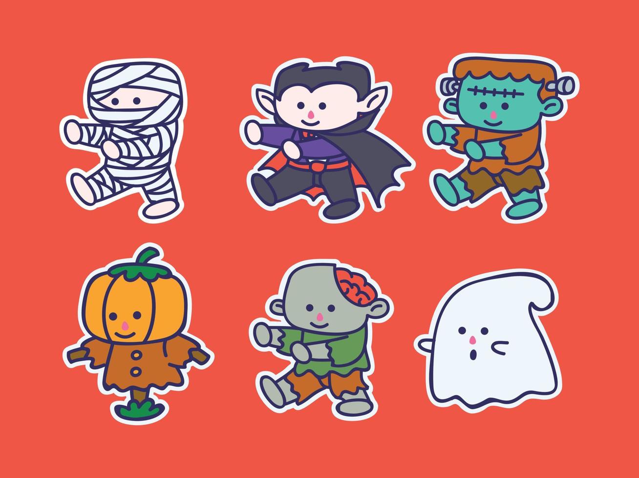 Cute and kawaii Halloween Character Illustration Sticker Set mummy, dracula, ghost, zombie, scarecrow, frankenstein vector