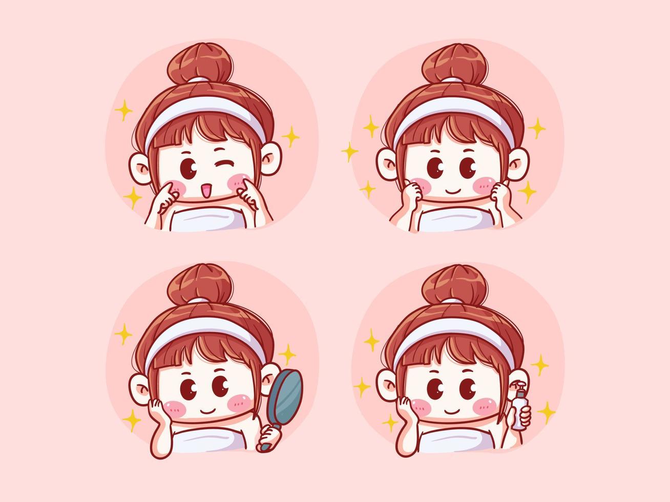 Cute and kawaii Happy Girl Doing Skincare Routine, Glowing Skin, Looking At Mirror, Applying Skincare Product, chibi manga illustration vector