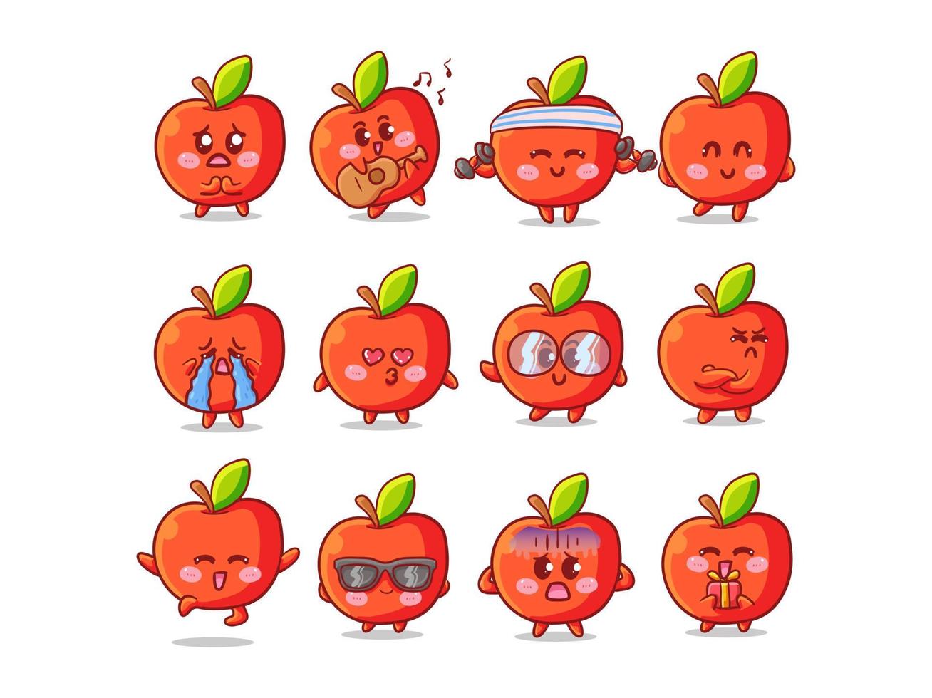 Ilustración de pegatina de manzana linda y kawaii con diversas actividades y expresiones para la mascota vector