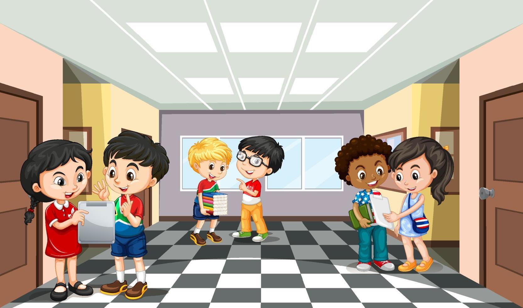 School scene with students cartoon character vector