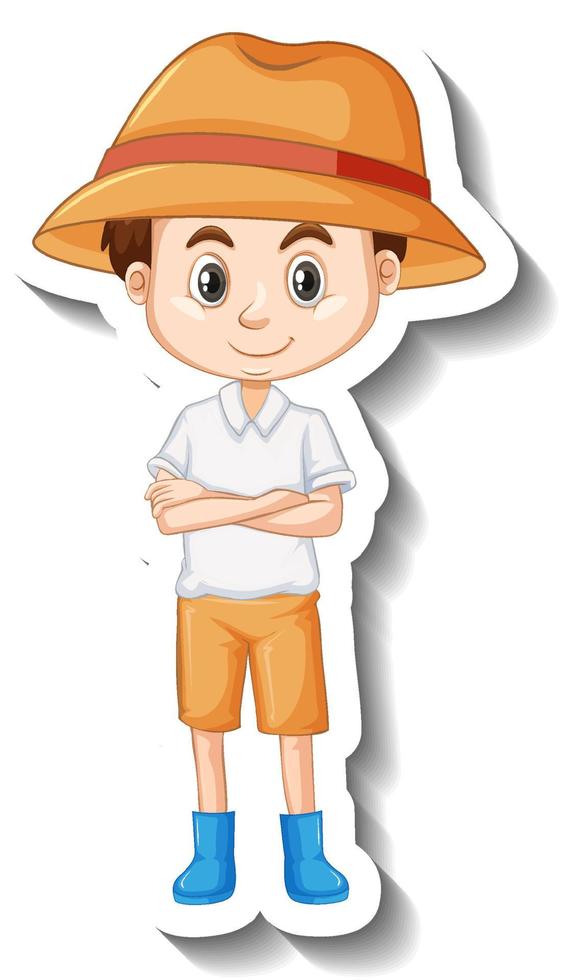 A boy wears hat and boots cartoon character sticker vector