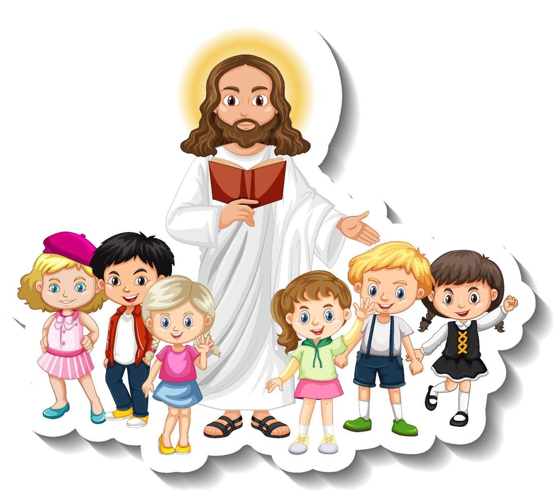 Jesucristo con el grupo de niños pegatina sobre fondo blanco. vector