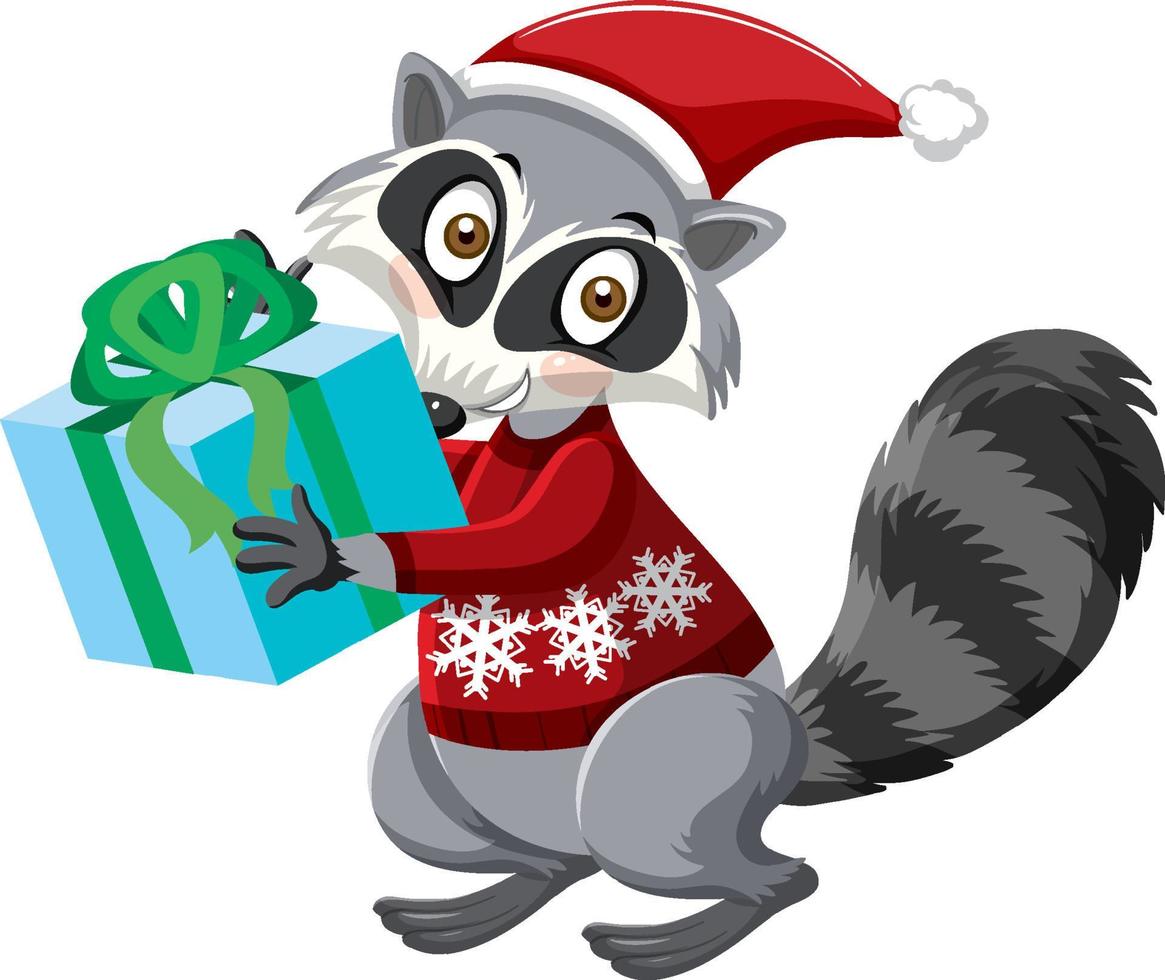 Cute Raccoon wearing Christmas hat cartoon character vector