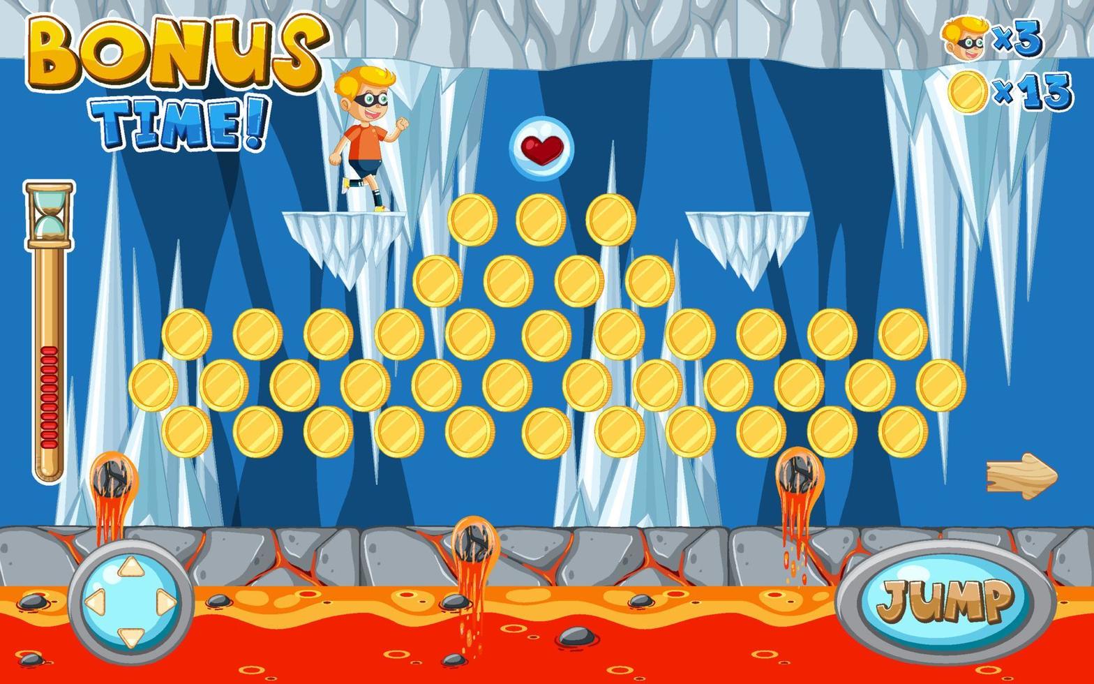 Collecting Coins in Lava Cave Game Scene Template vector