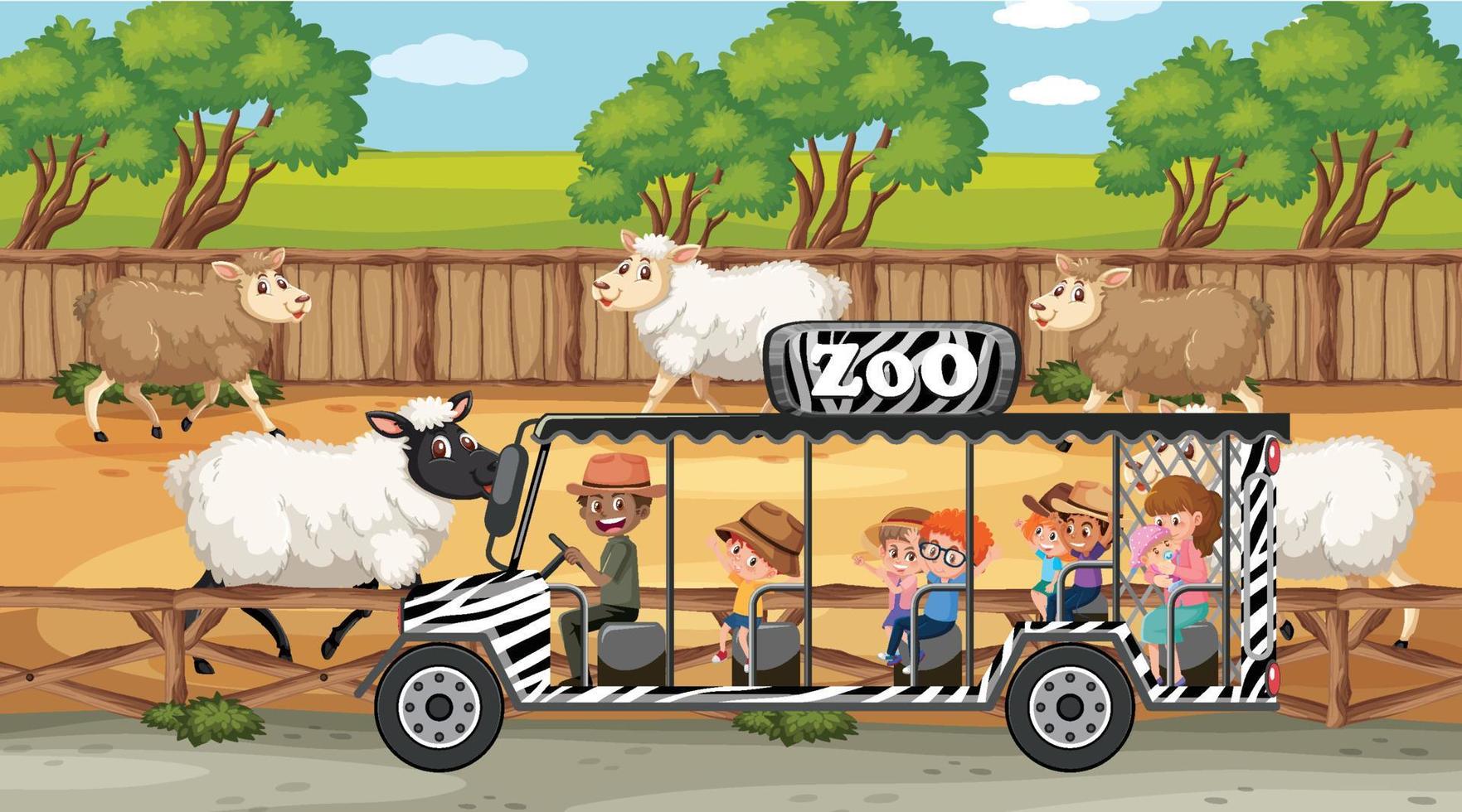 Escenas de safari con muchos personajes de dibujos animados de ovejas y niños. vector