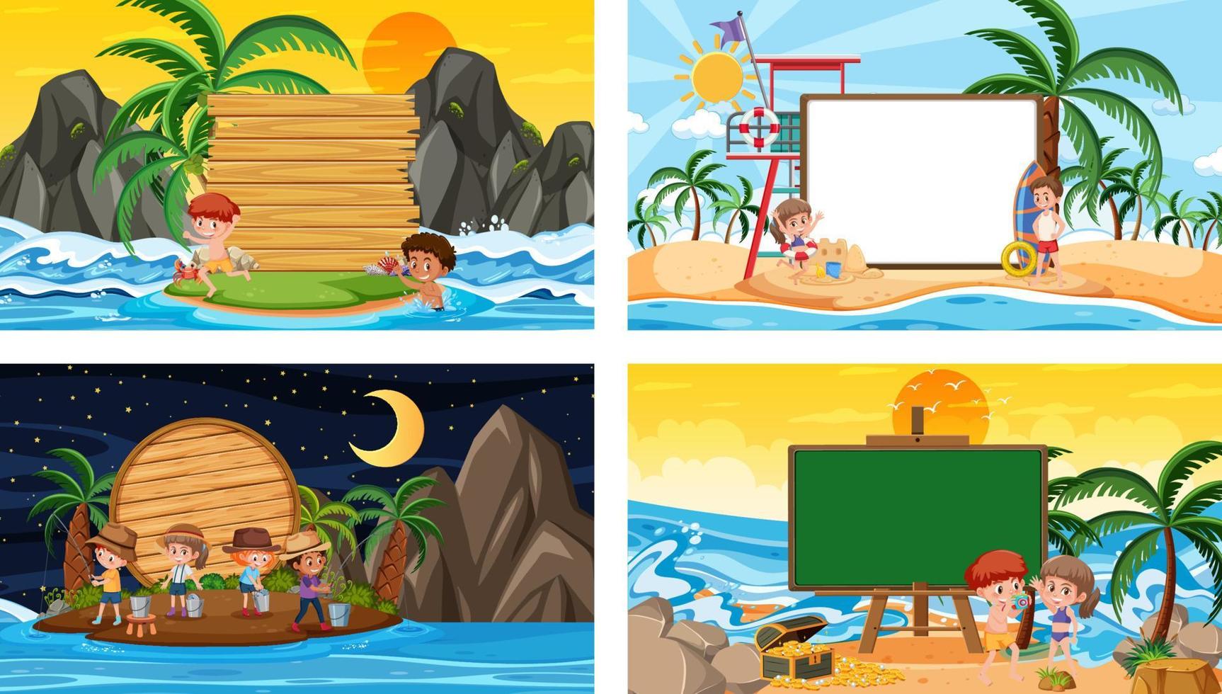 Set of blank banner in different tropical beach scenes vector