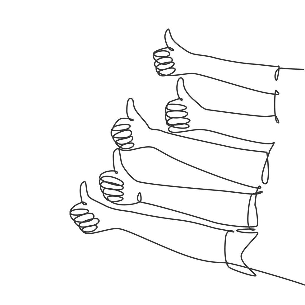 One line drawing of people arm hands with thumbs up gesture. Good service excellence in business sector concept. Continuous line draw design vector graphic illustration