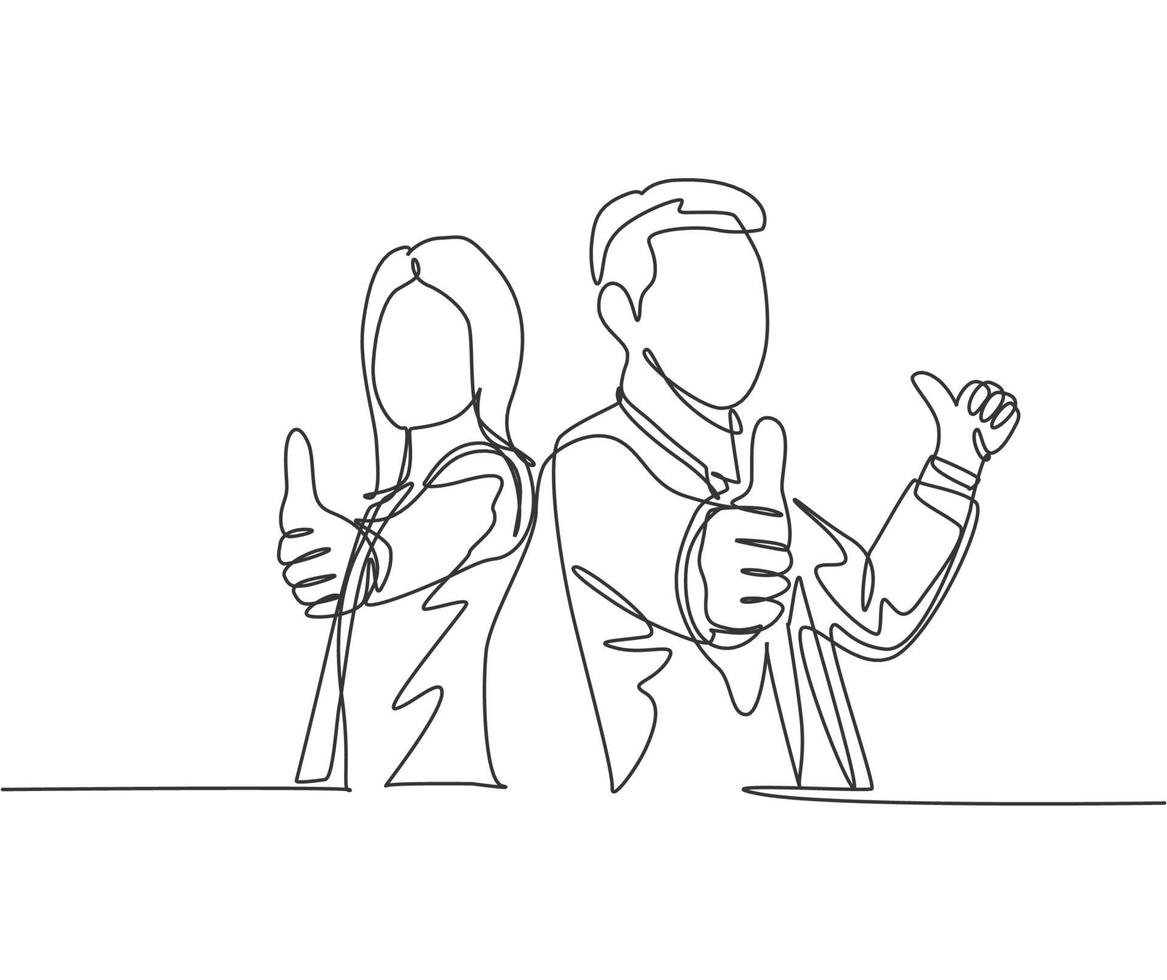 One line drawing of young happy couple businessman and businesswoman giving thumbs up gesture. Great business teamwork concept. Continuous line graphic draw design vector illustration