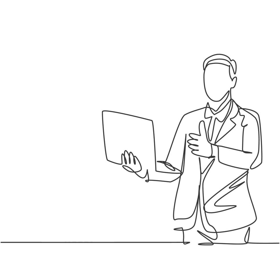 un dibujo de línea del joven empresario feliz de pie y llevando una computadora portátil mientras da el pulgar hacia arriba gesto. concepto de excelencia de servicio empresarial. Ilustración de vector gráfico de diseño de dibujo de línea continua