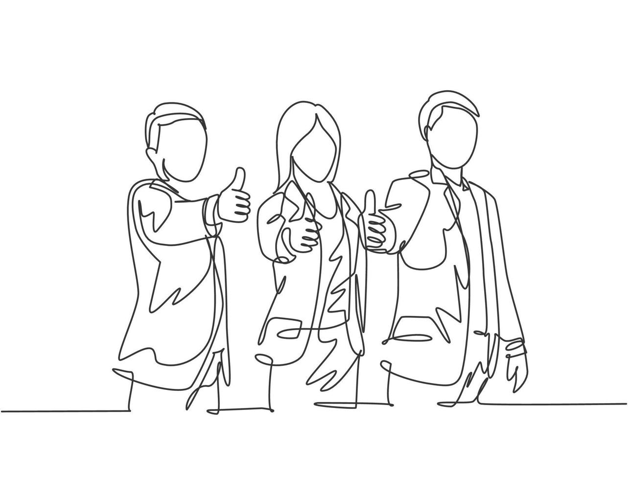 One line drawing of young happy businessmen and businesswoman stand up and giving thumbs up gesture together. Business teamwork building concept. Continuous line draw design vector illustration