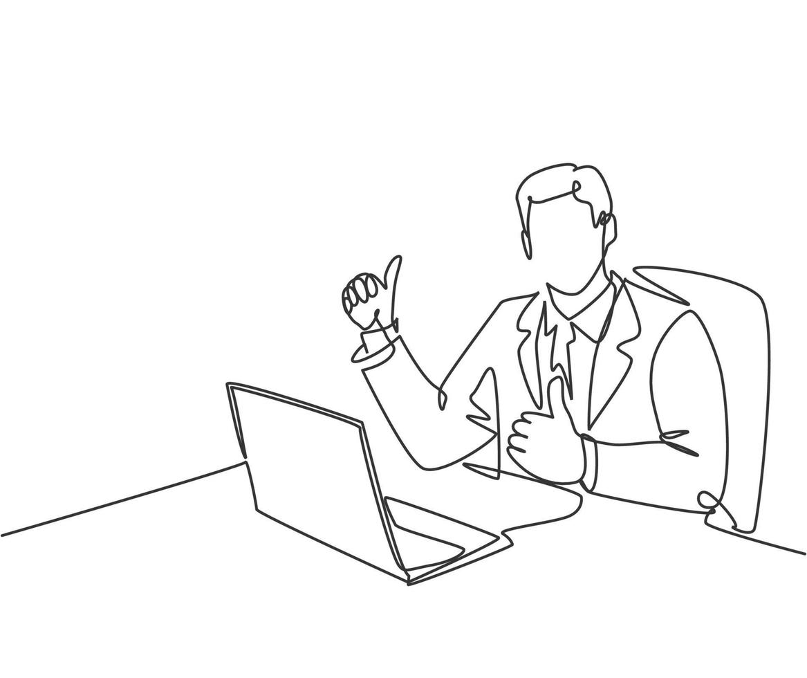 One line drawing of young business man giving thumbs up gesture and sitting on office chair and open the laptop to start working. Business management concept. Continuous line draw design vector
