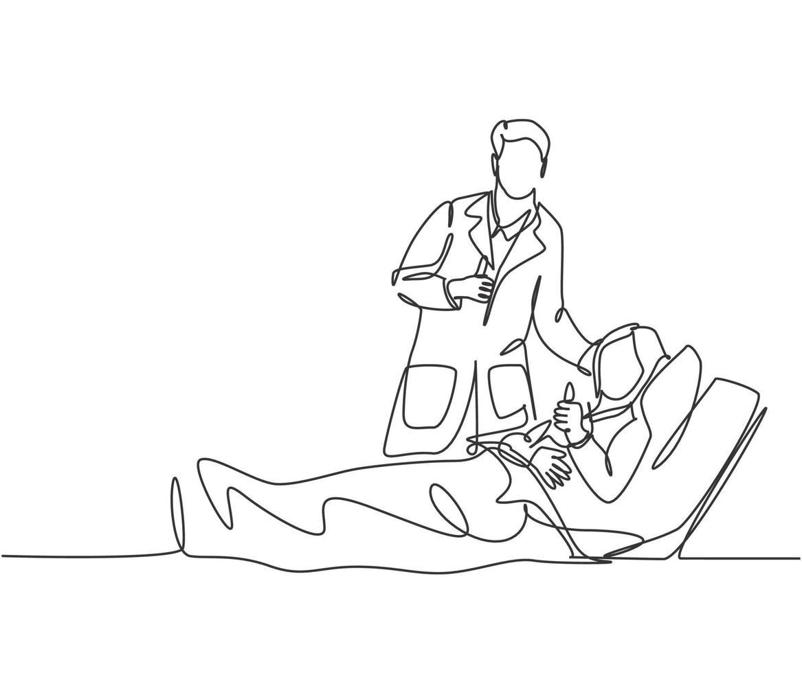 One line drawing of young happy doctor visiting patient who are lying weak on the bed and giving thumbs up gesture. Medical healthcare service concept. Continuous line draw design vector illustration