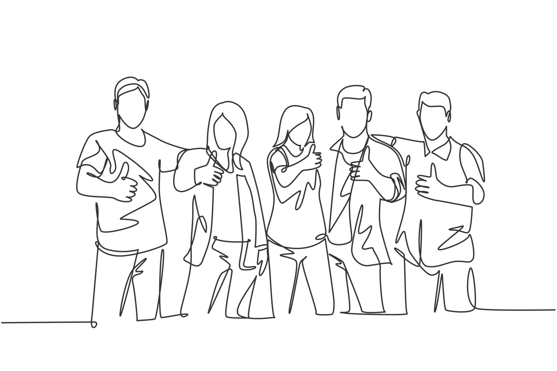 One line drawing of groups of young happy college students giving