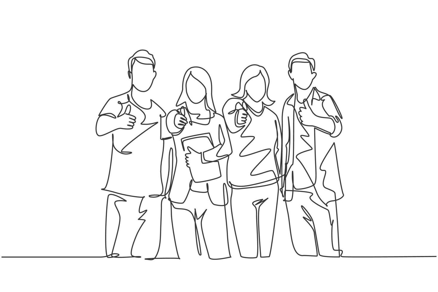 One line drawing of groups of happy college students giving thumbs up gesture after studying together at university library. Learn and study in campus life concept. Continuous line draw design vector