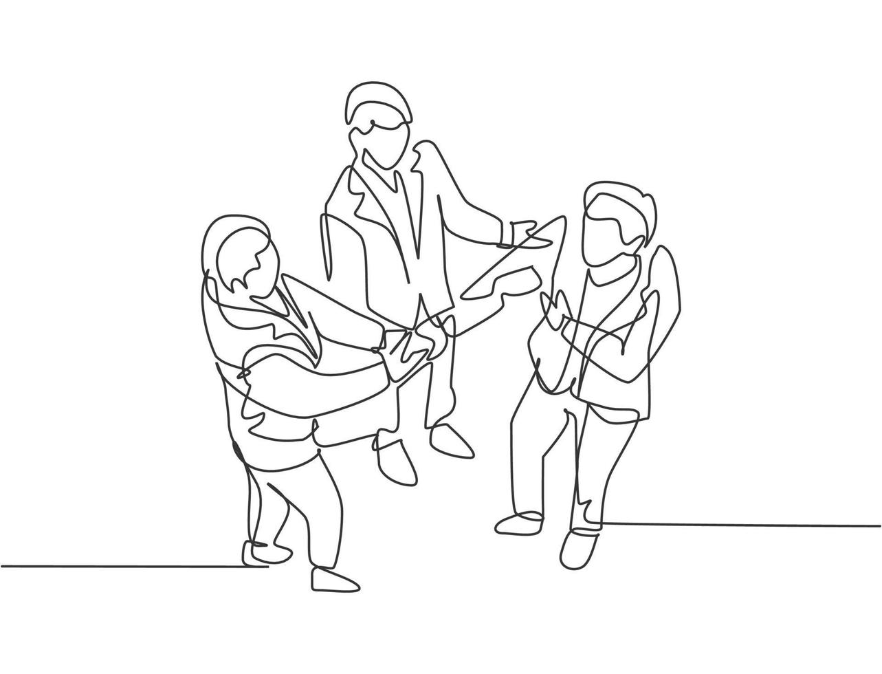 Continuous line drawing of business man handshake his colleague to deal a project. Business teamwork meeting at office concept. Single line drawing design, graphic vector illustration
