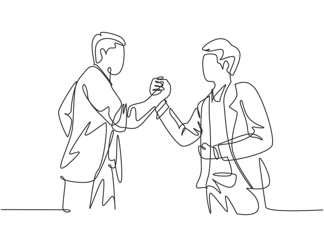 Continuous line drawing of young business man handshake his colleague to deal a project. Business meeting concept. Single line drawing design, vector graphic illustration