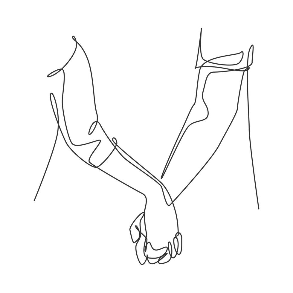 One line drawing of two adult hands holding each other together to express love and care. Romantic young couple lover concept. Continuous line draw design, graphic vector illustrator