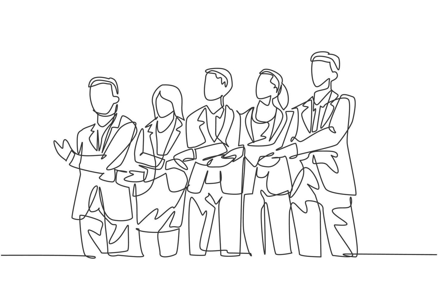 Continuous line drawing of businessman and businesswoman in group holding hand together. Business teamwork concept. One line drawing design, graphic vector illustration