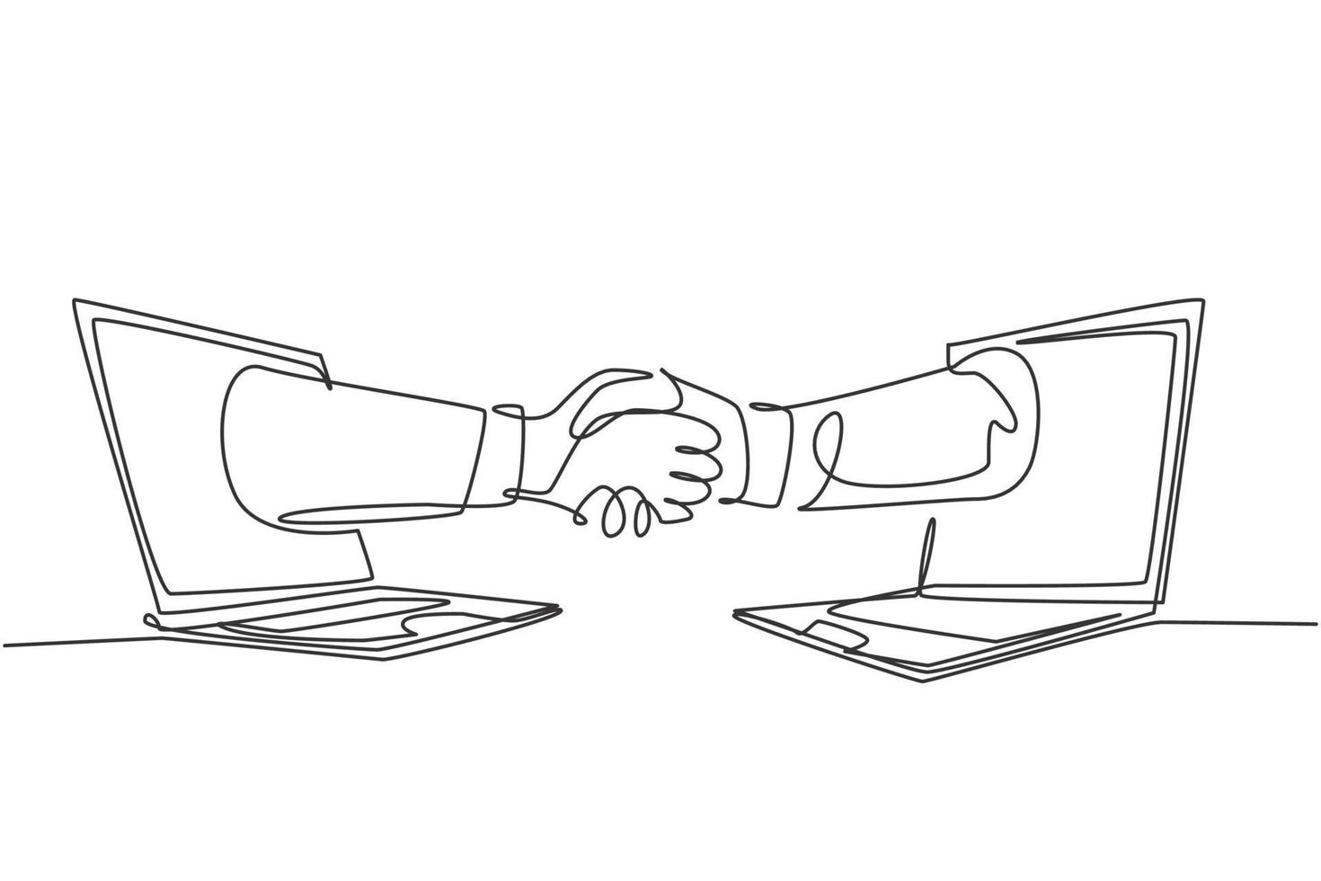 Continuous line drawing of business men shaking hand to deal a project. Hand come out from laptop screen. Digital online transaction concept. One line drawing graphic design, vector illustration